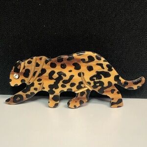 Leopard Barrette Brown Carved Wood 3” Rhinestone Eye Animal Print Artistic Hair